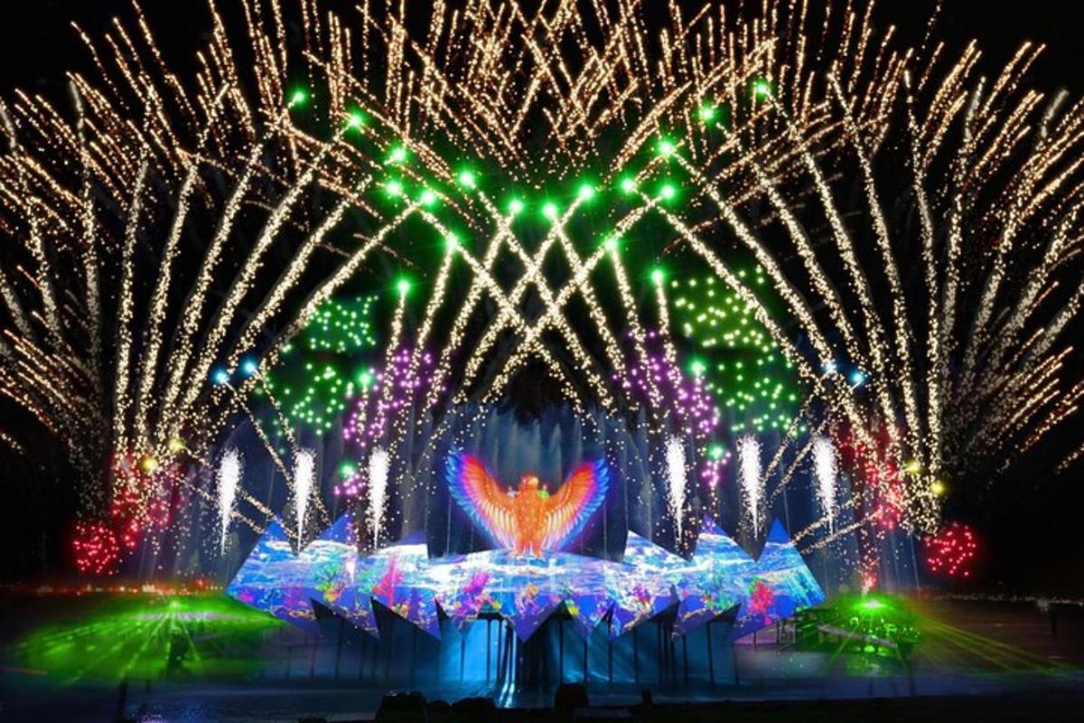 un espectacle de focs artificials i una font amb una papallona