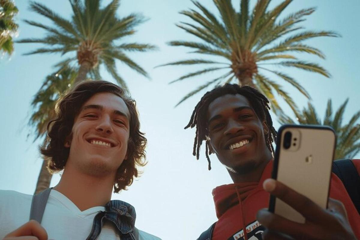 two men smiling while taking a picture with a cell phone