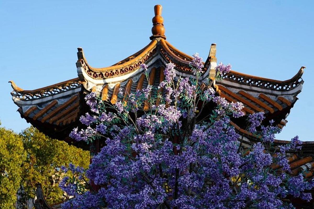 a building with purple flowers in front of a tree