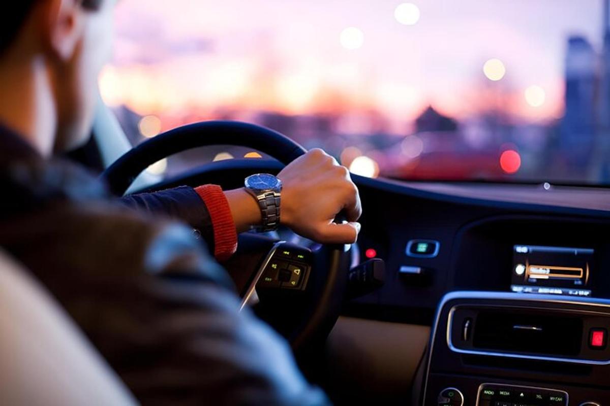 osoba řídící auto s rukou na volantu