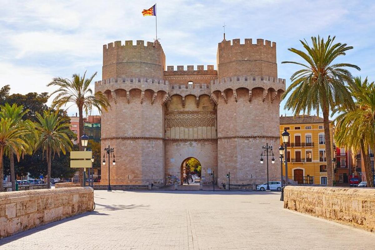 a large castle with palm trees in front of it