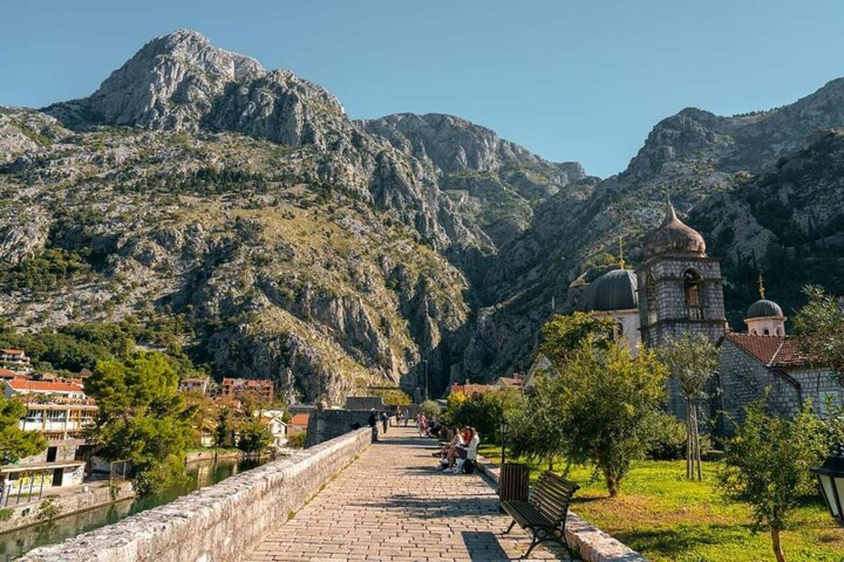 a stone path with a mountain in the background