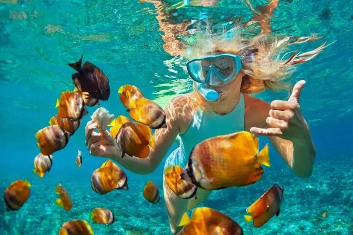 a woman in the water feeding the fish