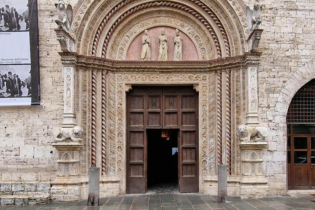 an entrance to a building with a large wooden door