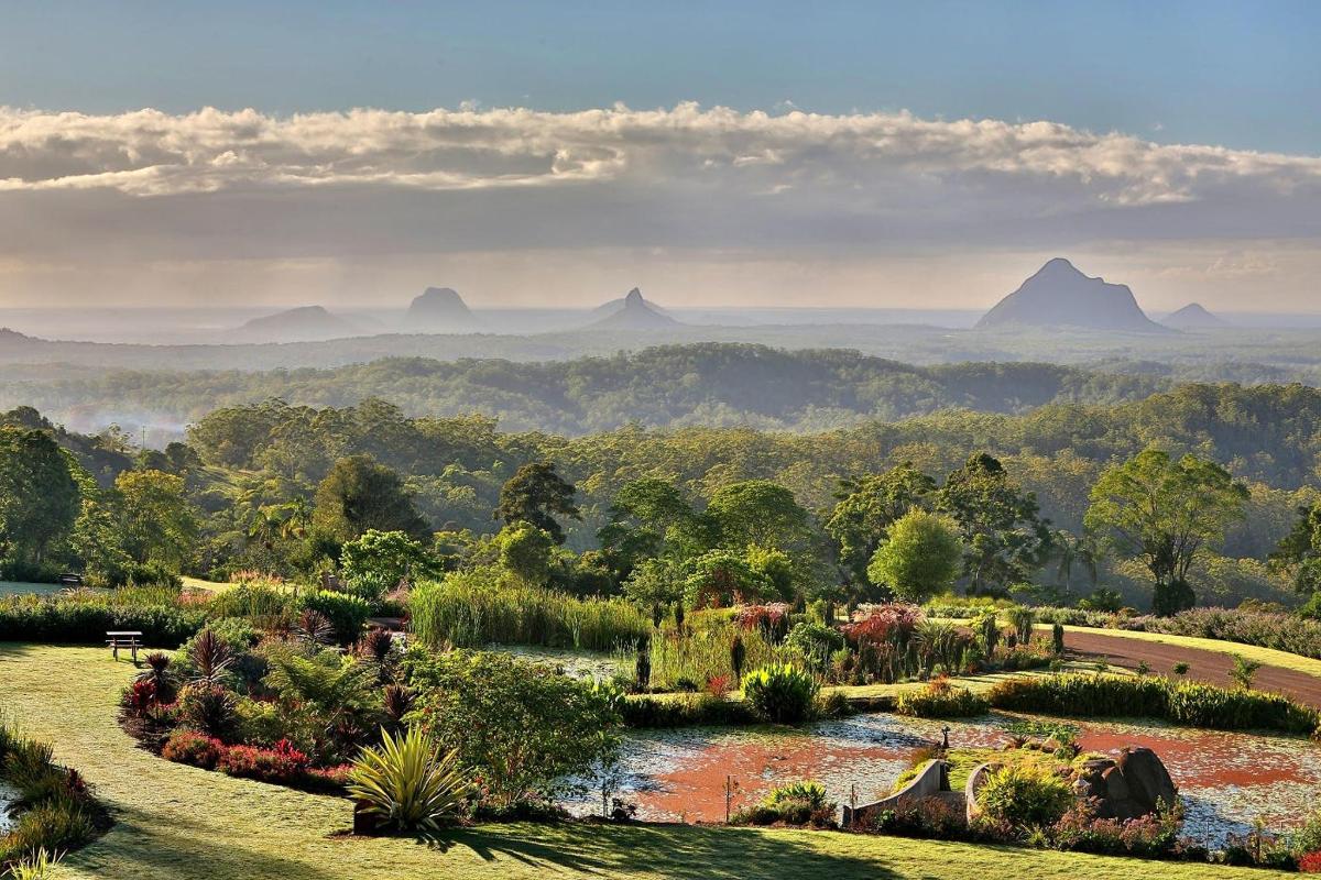 a view of a garden with mountains in the background