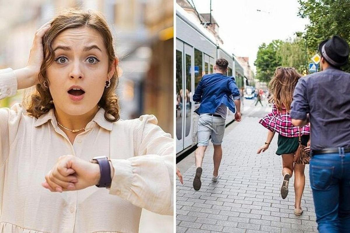 žena ukazující na hodinky a lidé jdoucí po ulici