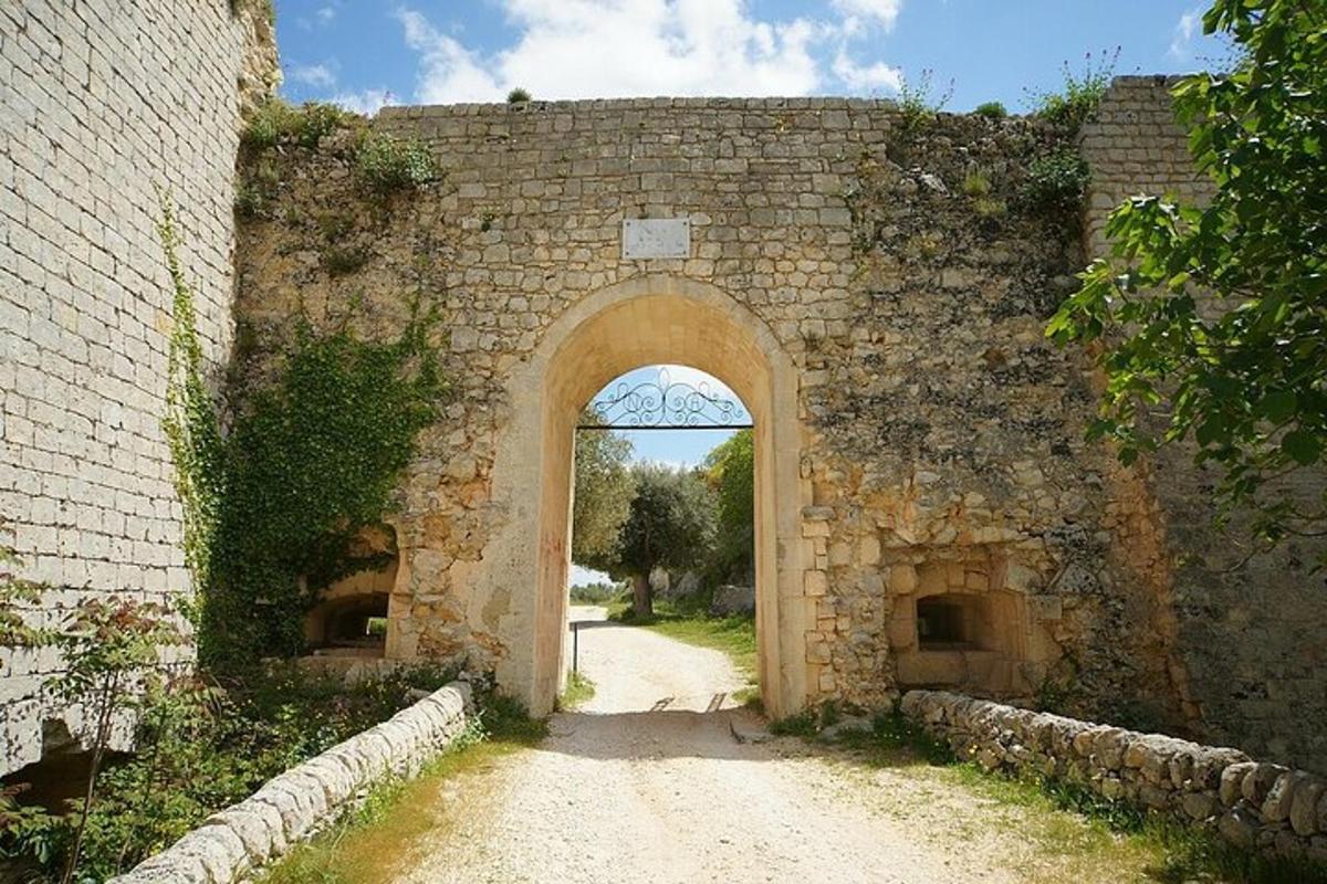 uma entrada para uma parede de tijolos com um arco