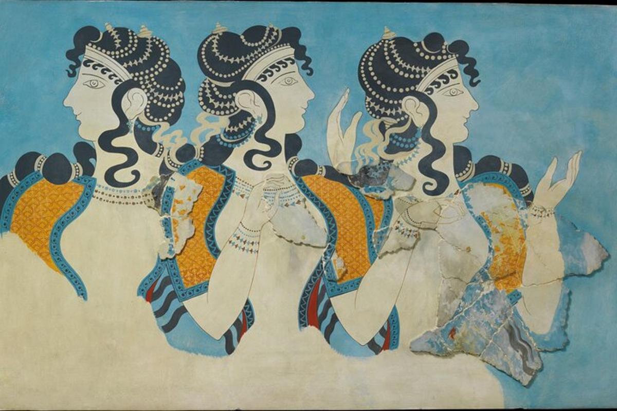 ein Gemälde von drei Frauen mit langen Haaren