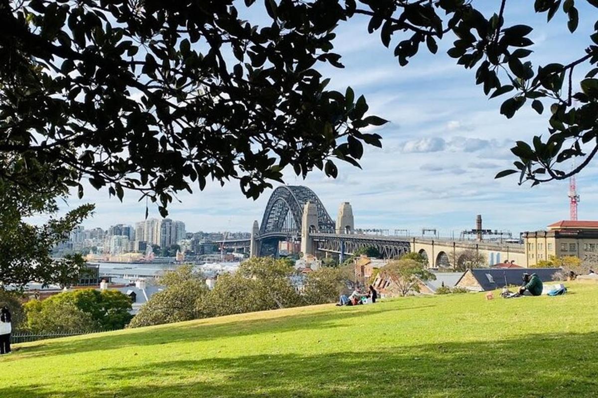 a park with a view of a river and a bridge
