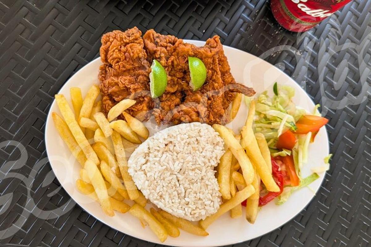 um prato de comida com batatas fritas e arroz