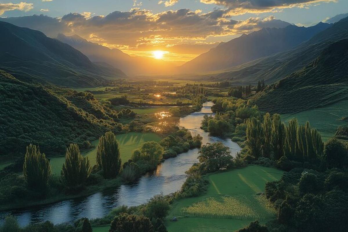 Una vista aérea de un río y un valle con montañas.