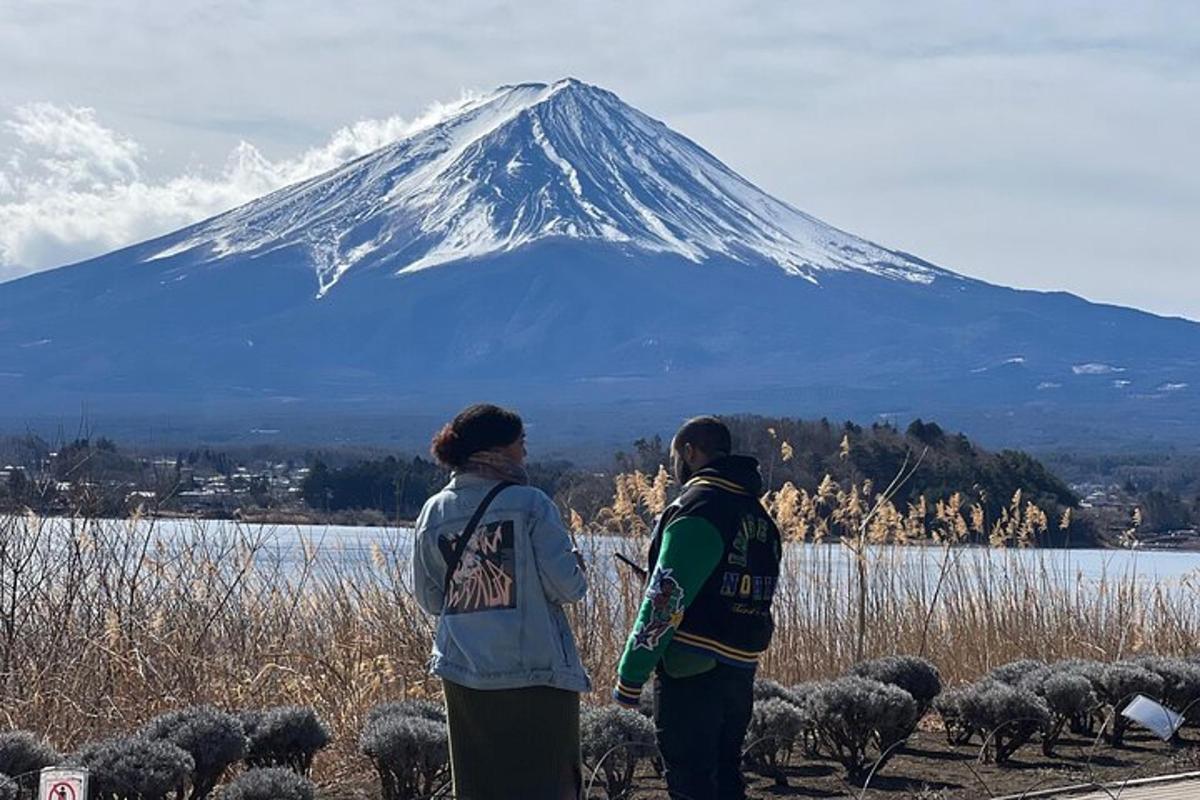 dua orang berdiri di hadapan gunung dengan biri-biri