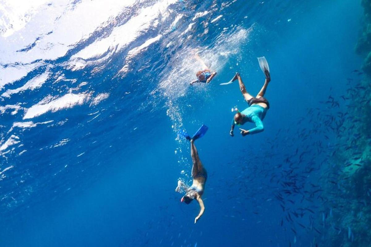 dua orang sedang berenang di air biru
