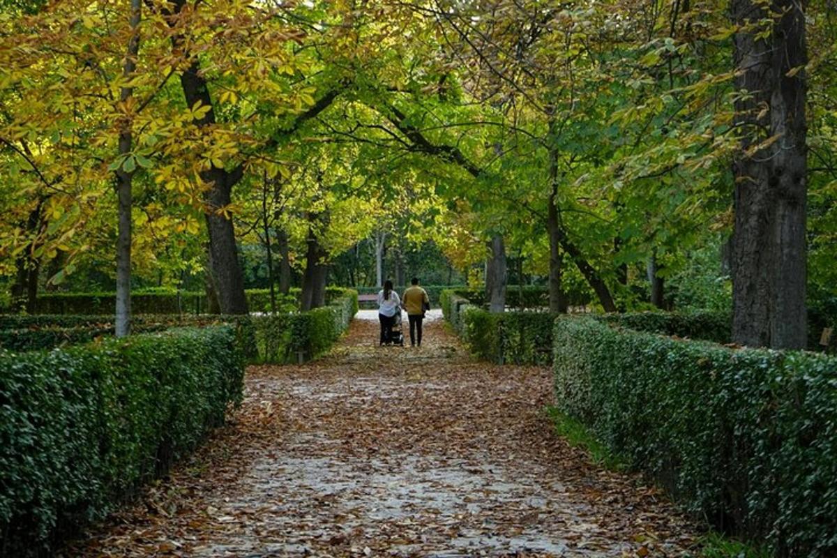 two people walking down a path in a park