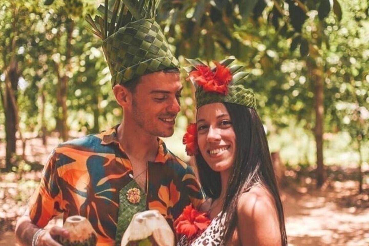 a man and a woman with hats on their heads