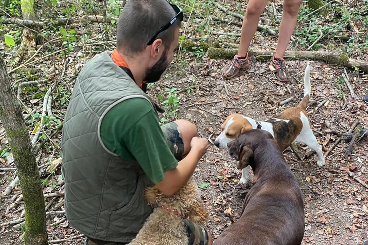un uomo sta accarezzando un cane con due cani