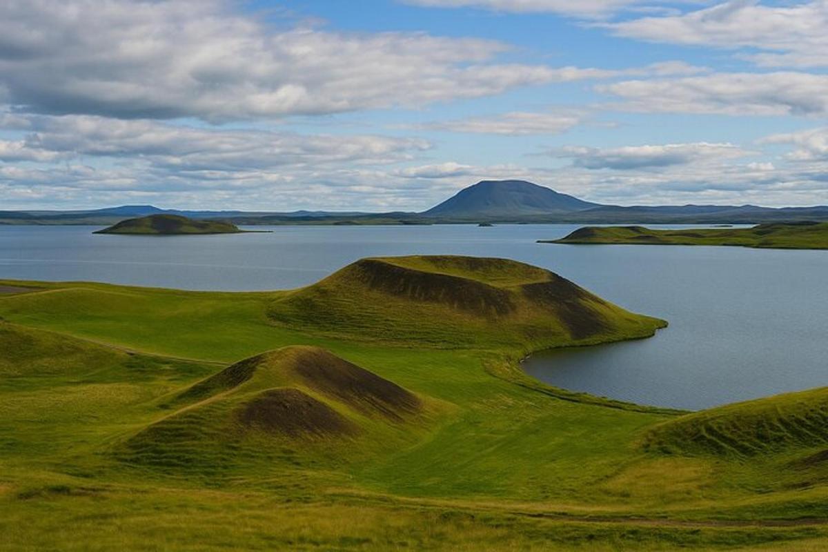 a view of a golf course with a body of water
