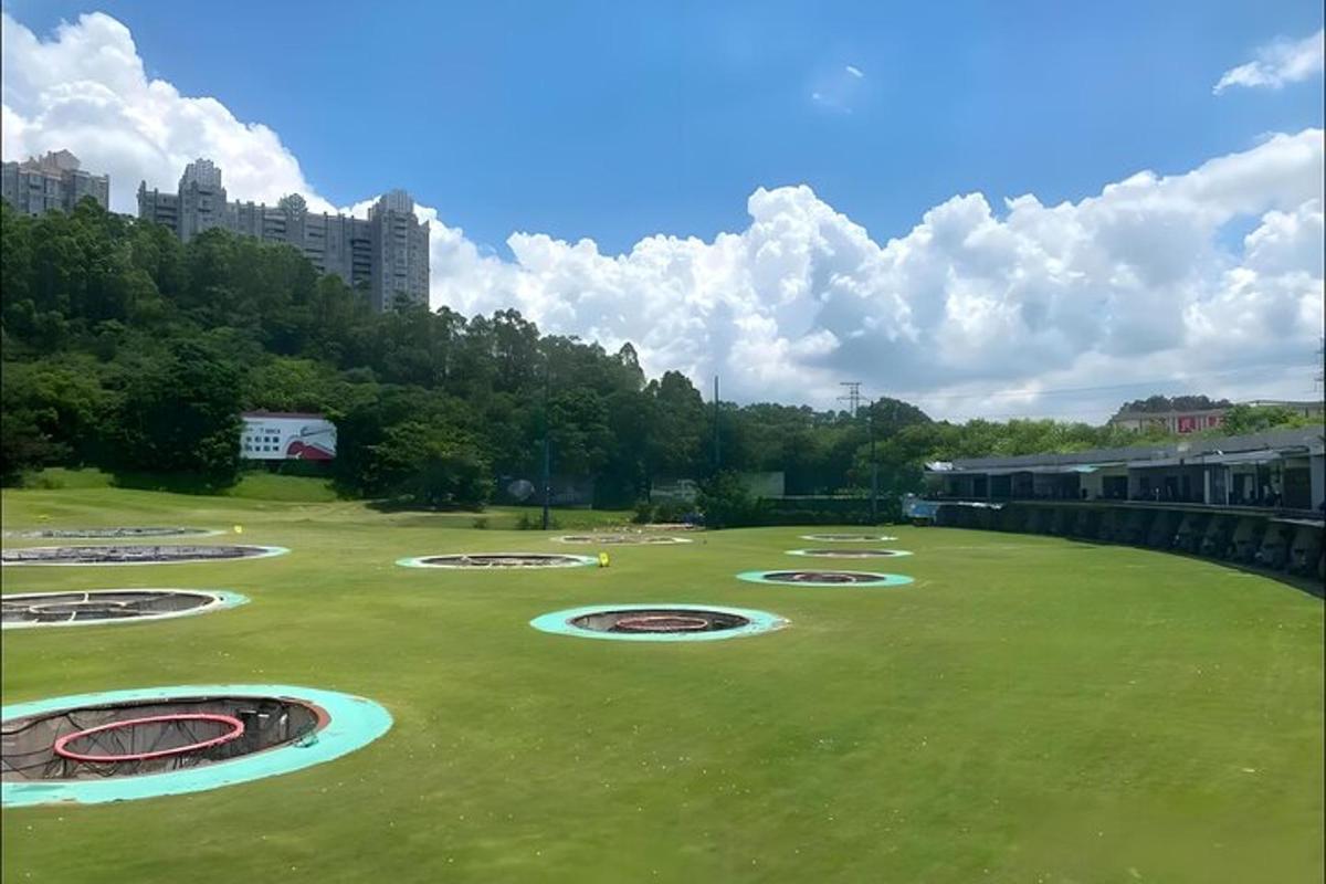 a large green field with nine large clocks on it