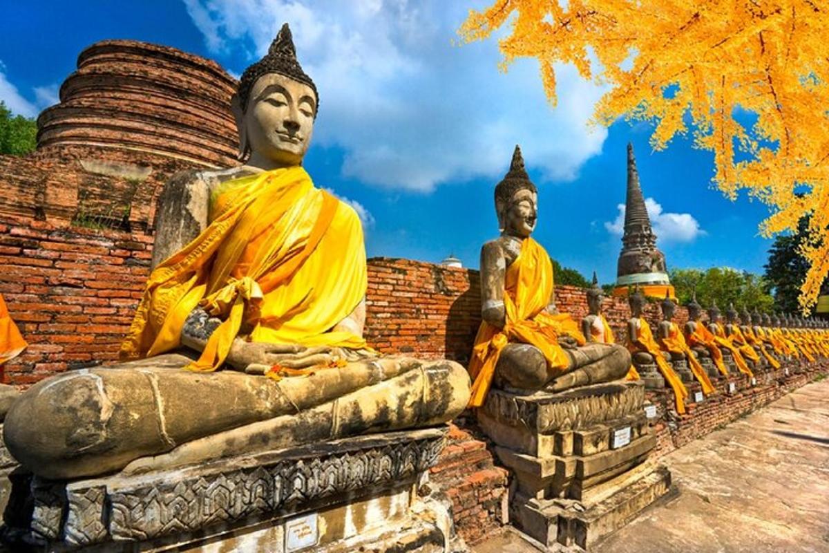 รูปปั้นสีทองเรียงรายอยู่บนกำแพงอิฐ