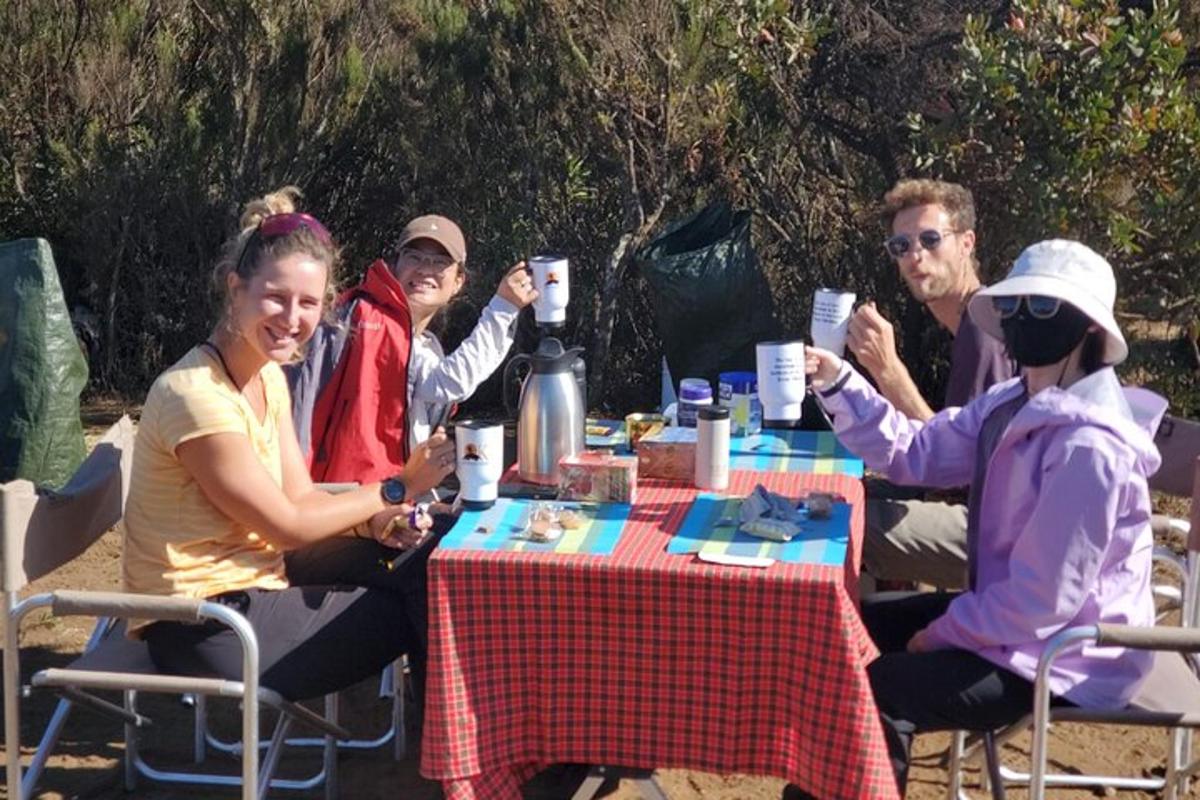skupina lidí sedících u piknikového stolu