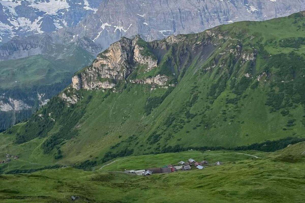 a green hillside with houses in front of a mountain