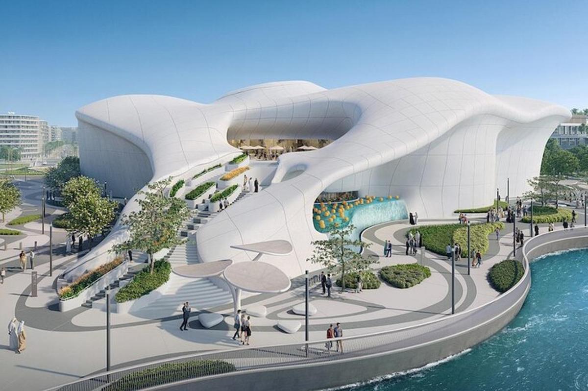 a rendering of a building with people walking around it