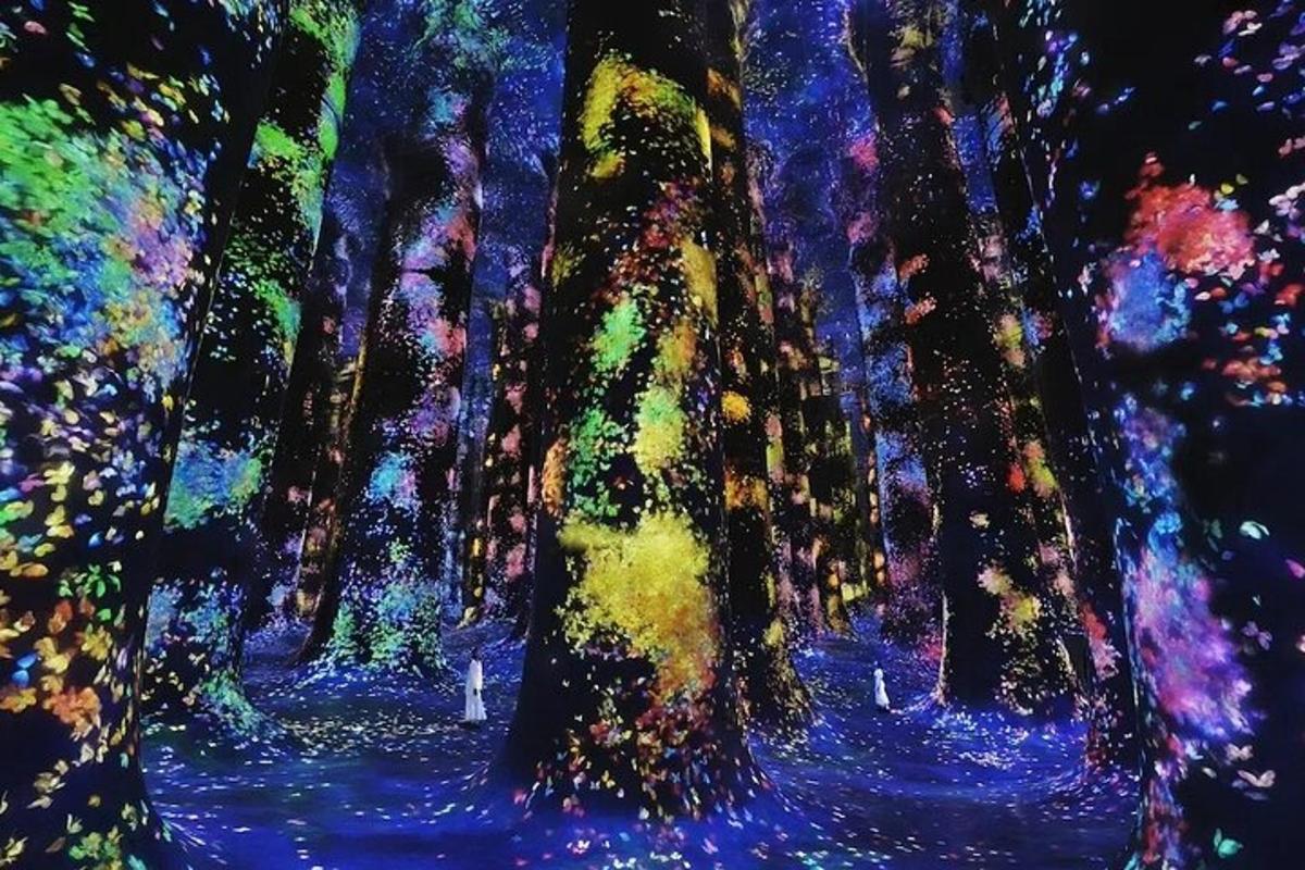 a painting of a forest with trees