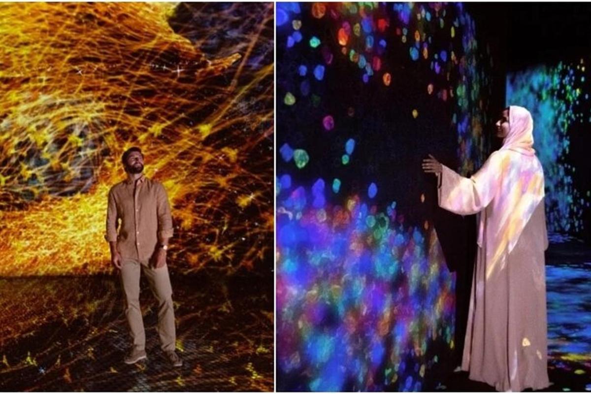 two pictures of a man standing in front of a painting