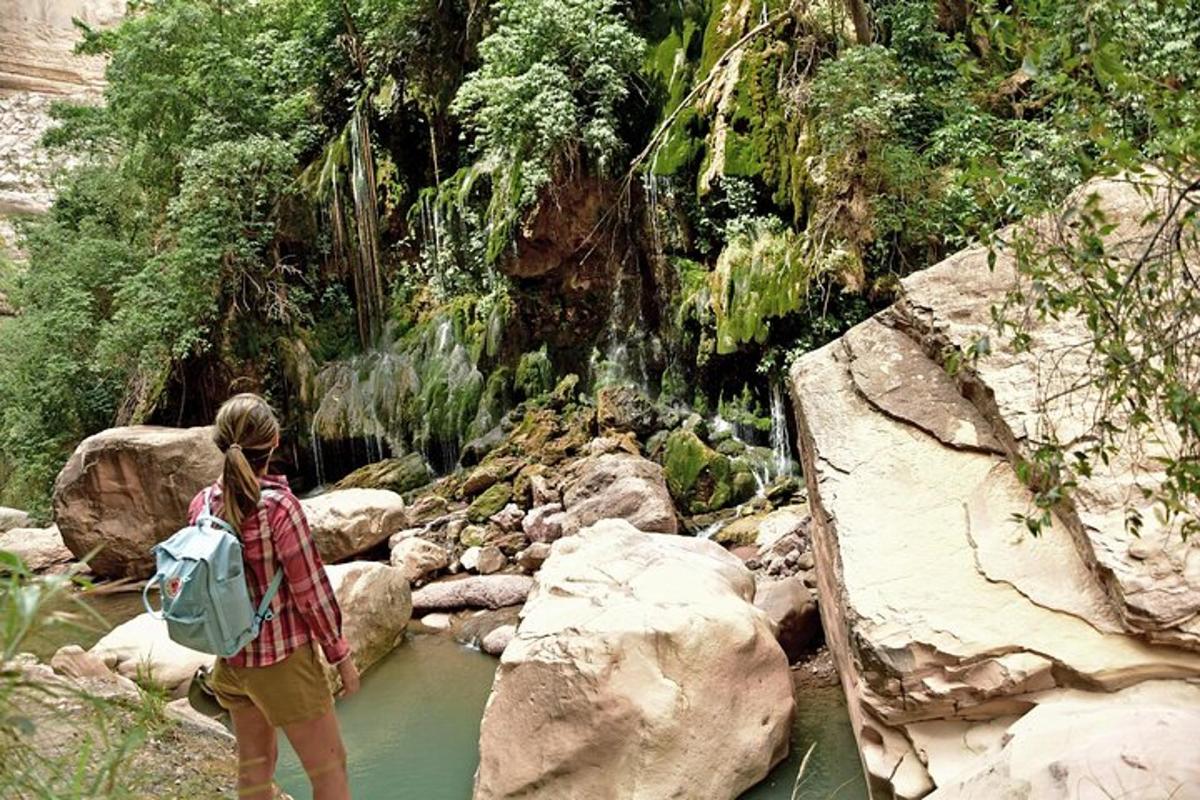 Una mujer está parada sobre rocas en un río.