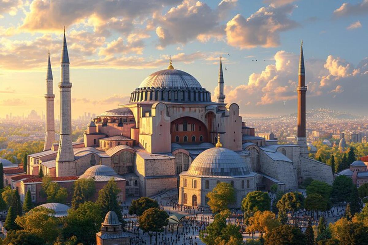 a mosque with two mosques on top of a hill