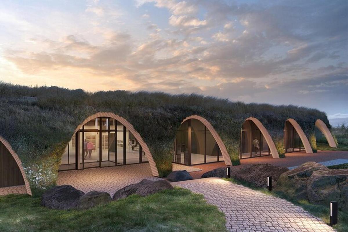 rendering bangunan dengan gerbang dan batu