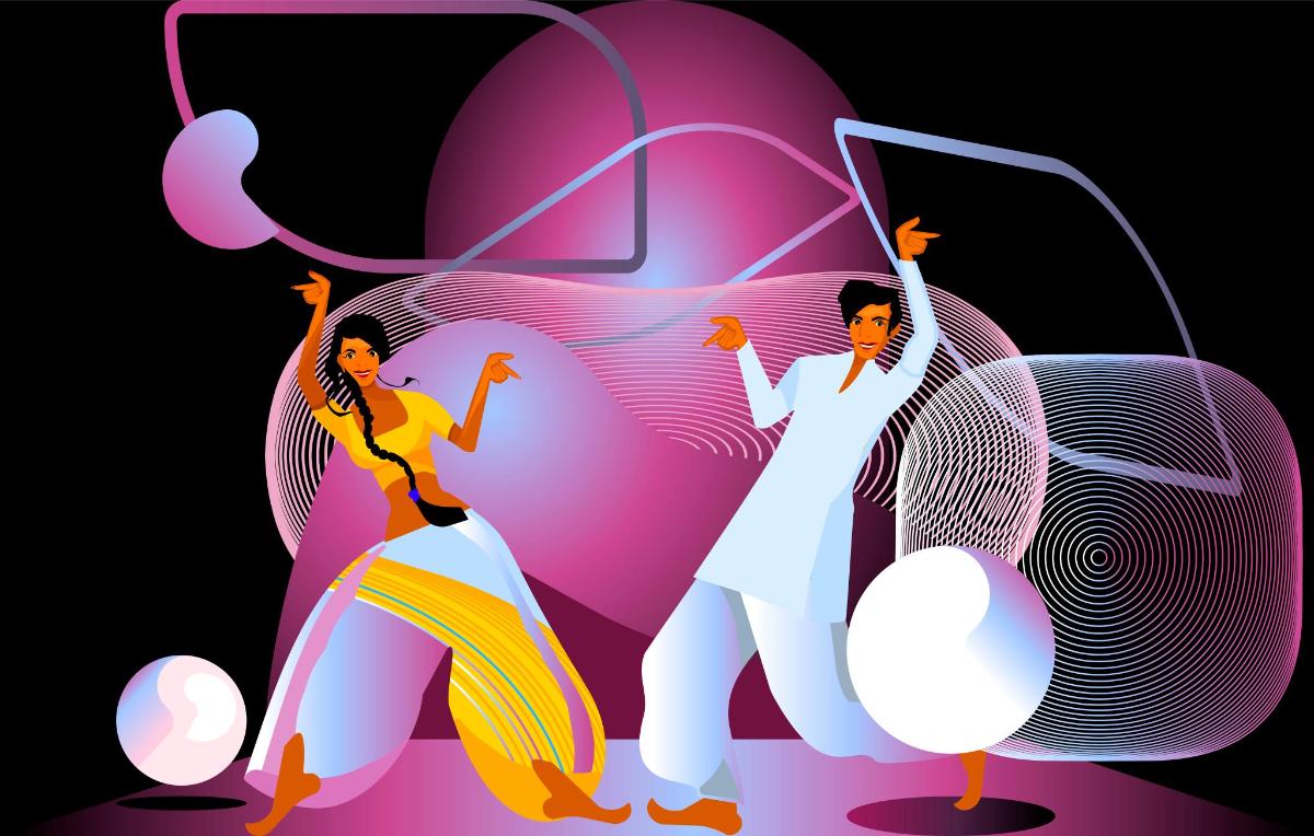 a group of people dancing in front of a fan