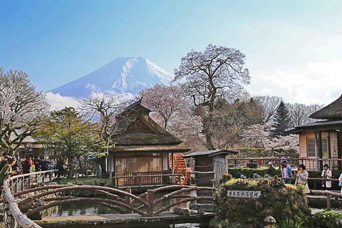 sebuah kuil di taman dengan gunung di latar belakang