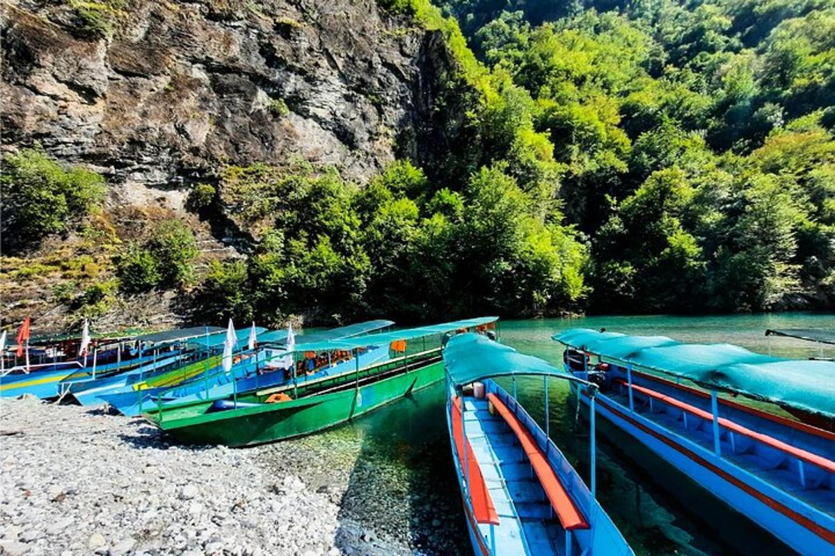 un grupo de barcos estacionados en la orilla de un río