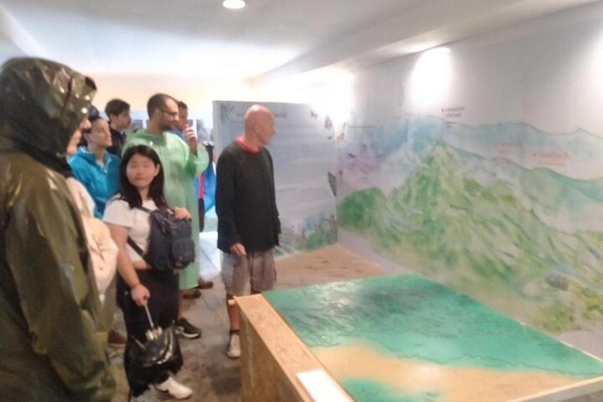 un gruppo di persone che guardano un dipinto in un museo