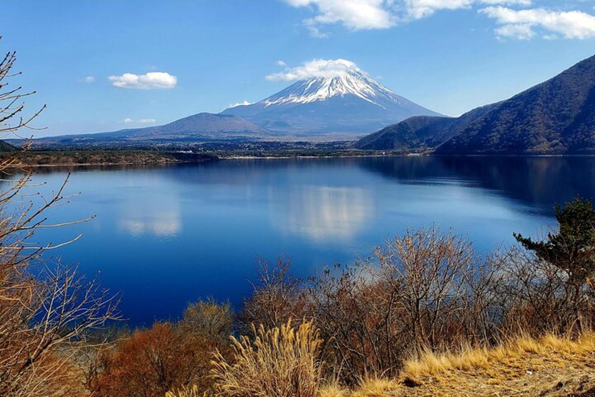 uma montanha coberta de neve é refletida em um lago
