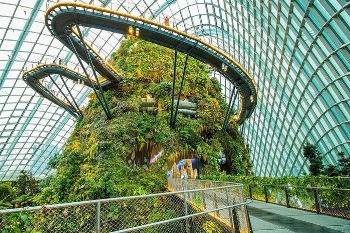 a ride in a domed building with a mountain