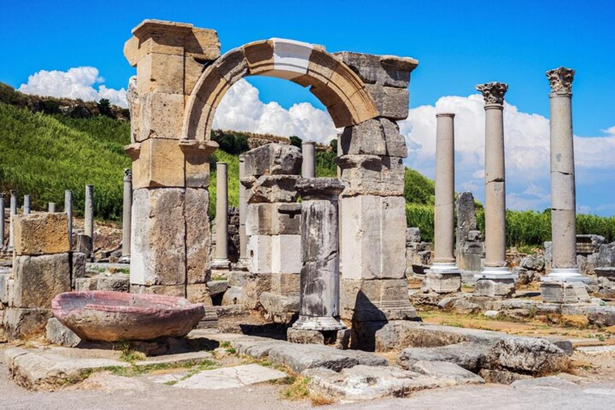 an ancient ruins with an arch and columns