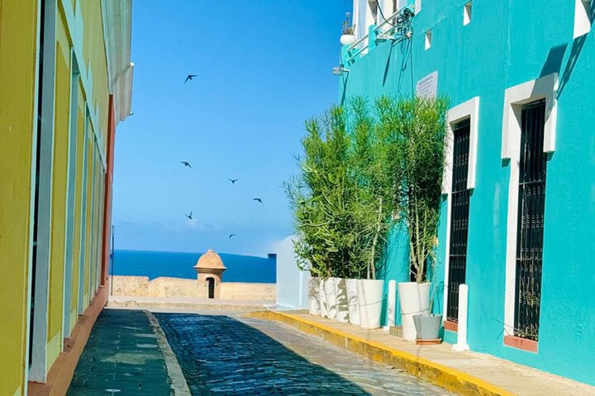a narrow street with a blue building and the ocean