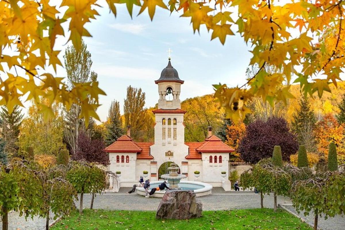 un edificio con una torre dell'orologio in un parco