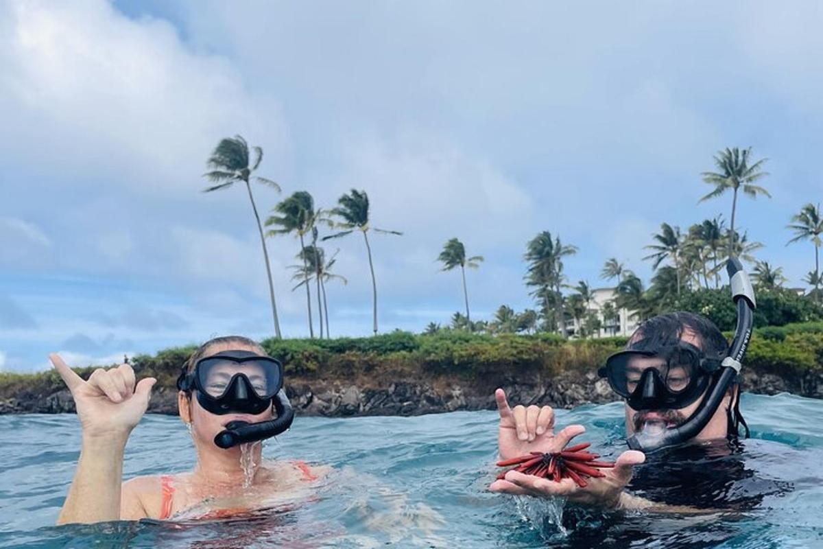 Dos personas en el agua con máscaras de gas y una estrella de mar.