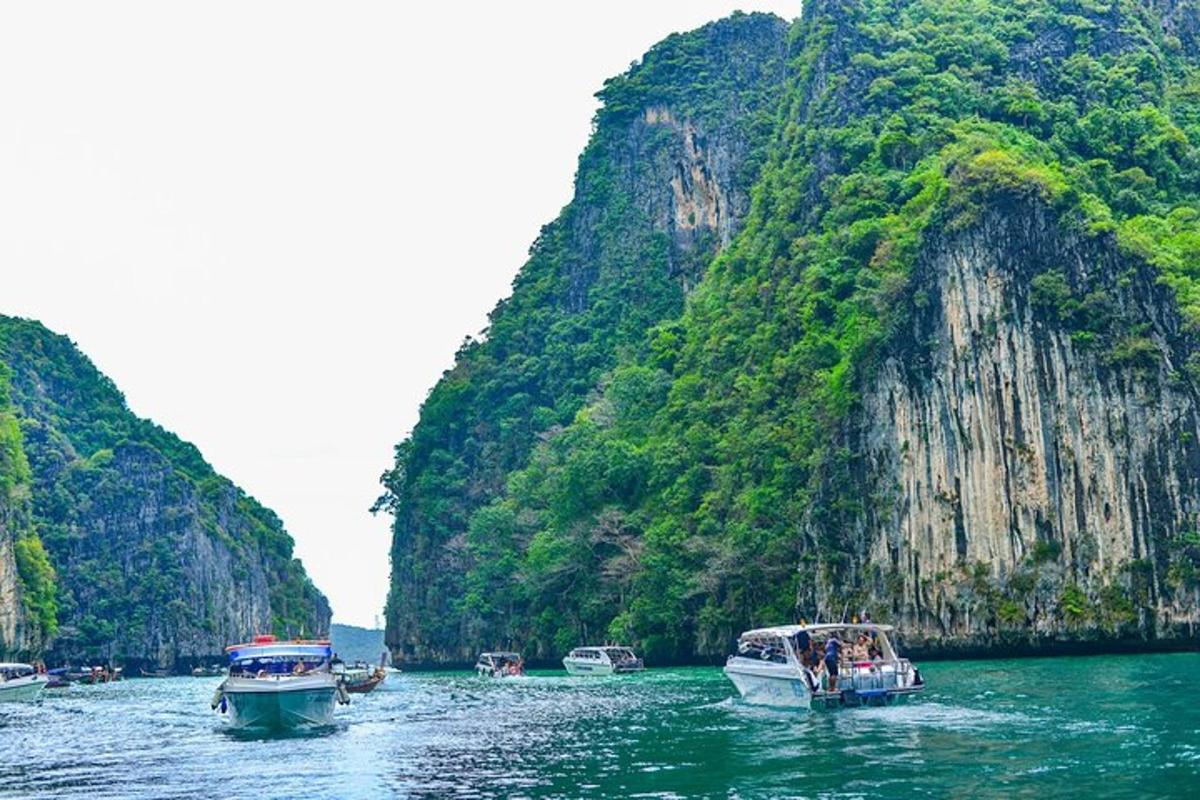 um grupo de barcos na água perto de uma montanha