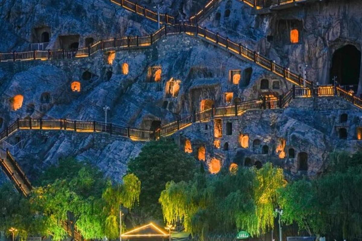 a view of a mountain with stairs on it