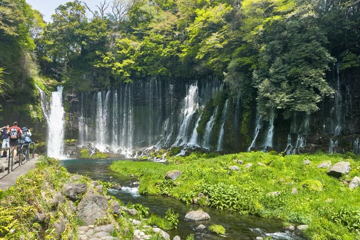 sekumpulan orang berdiri di hadapan air terjun