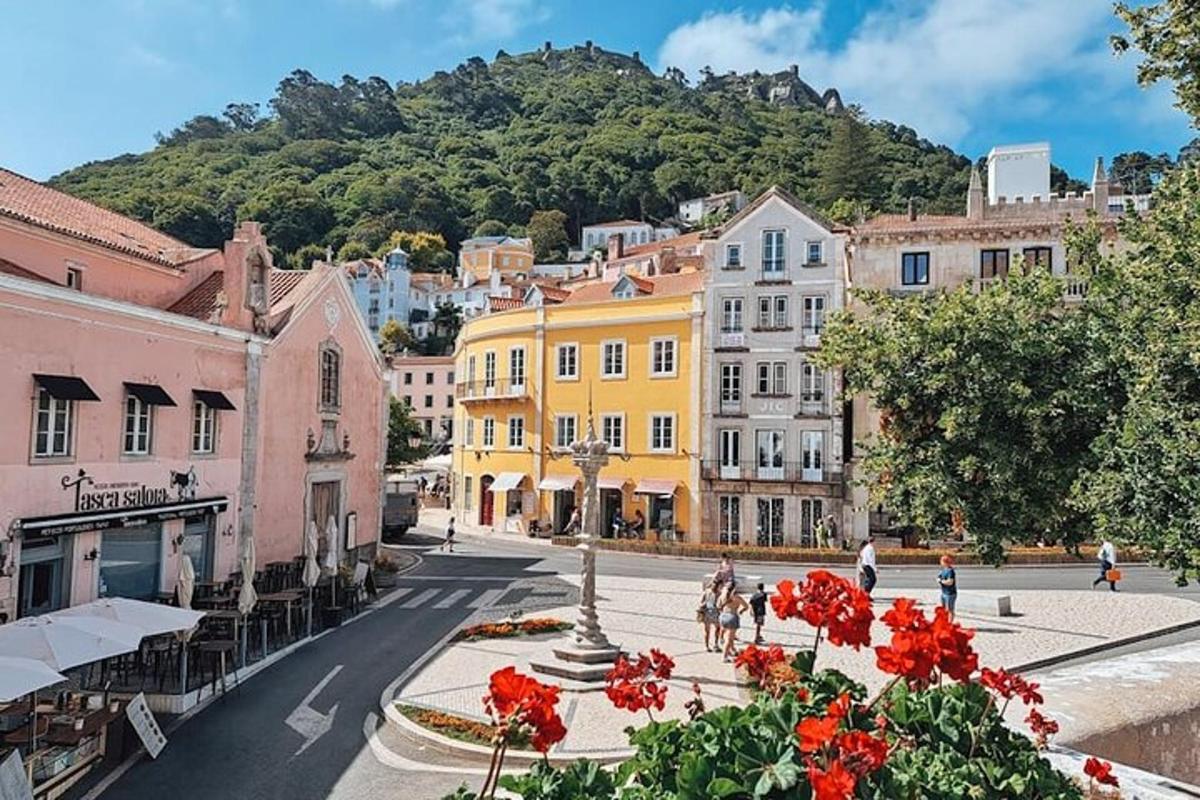 un carrer d'una ciutat amb edificis i flors vermelles