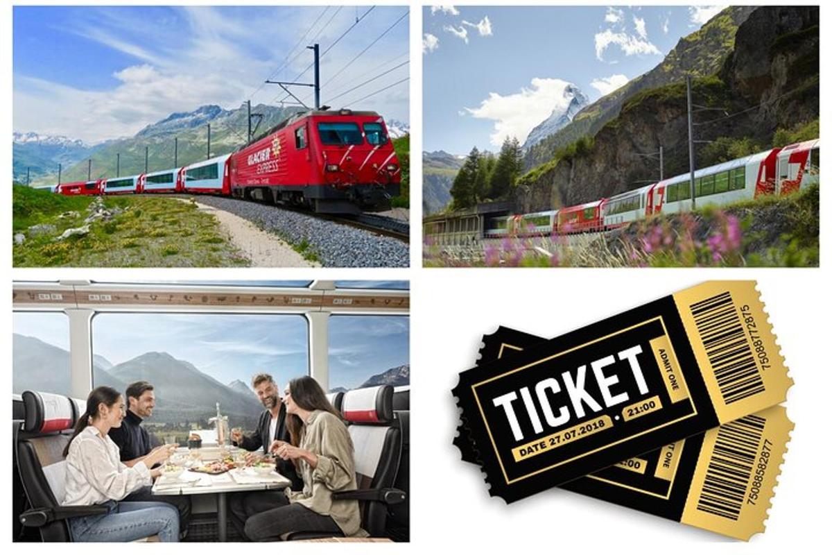 eine Collage aus Bildern mit einem Zug und Menschen, die an einem Tisch sitzen