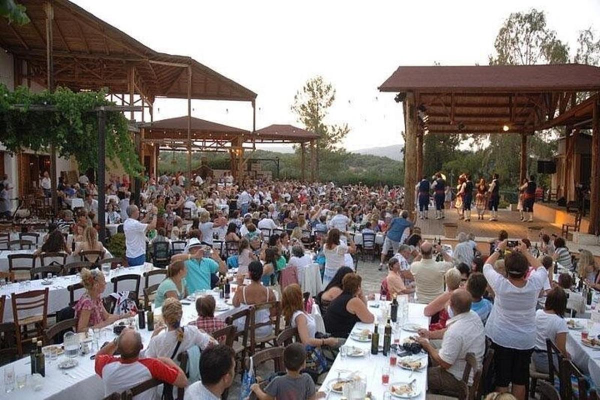 velika množica ljudi, ki sedijo za mizami na koncertu