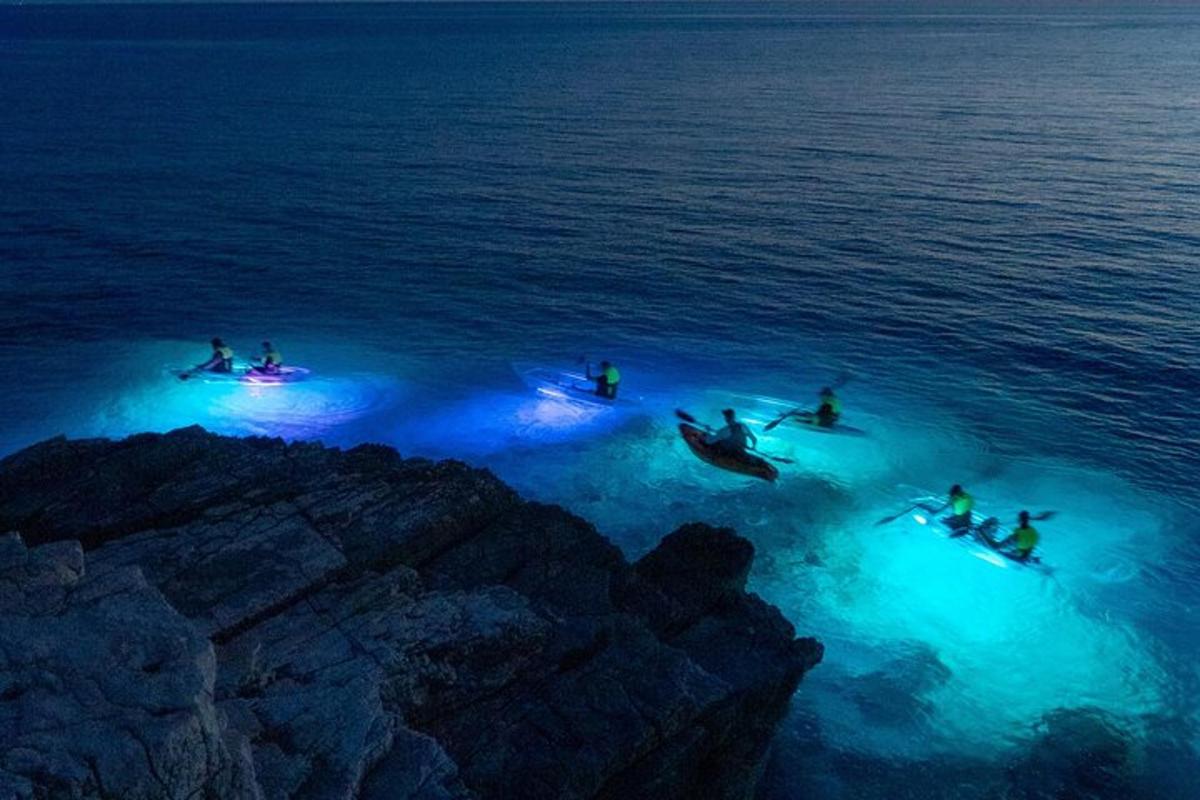 un gruppo di persone in barche in acqua di notte