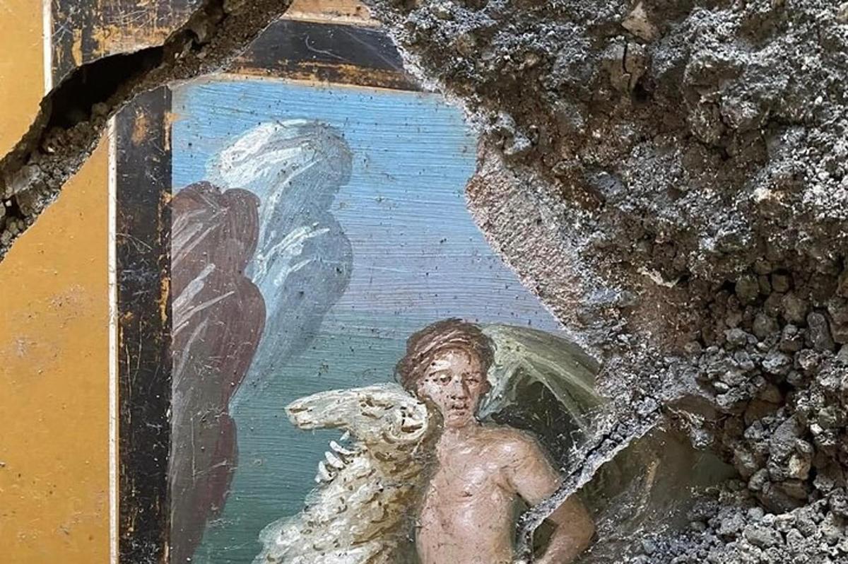 uma pintura de um homem com uma ovelha e uma pessoa