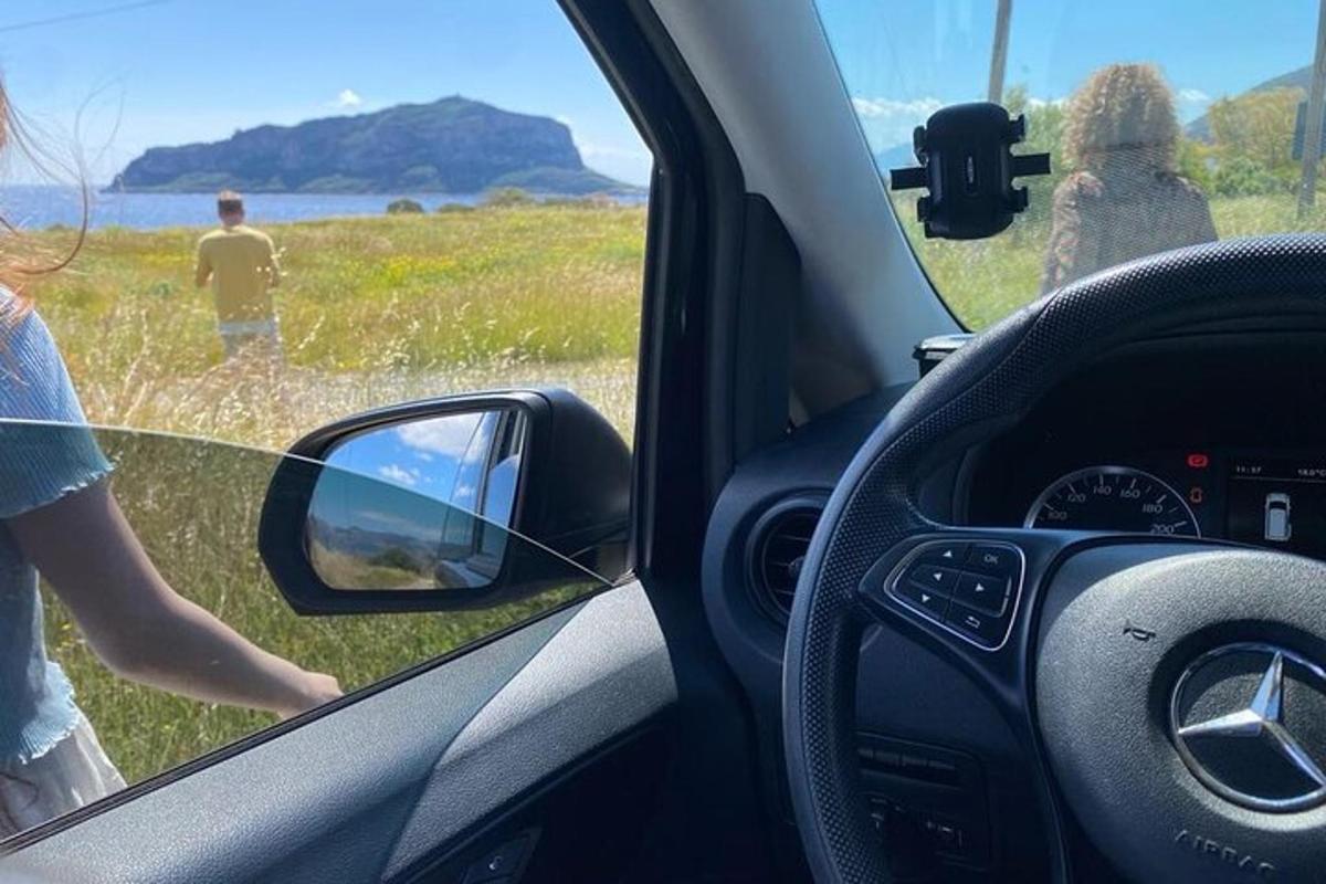 a woman standing in a car looking at a field